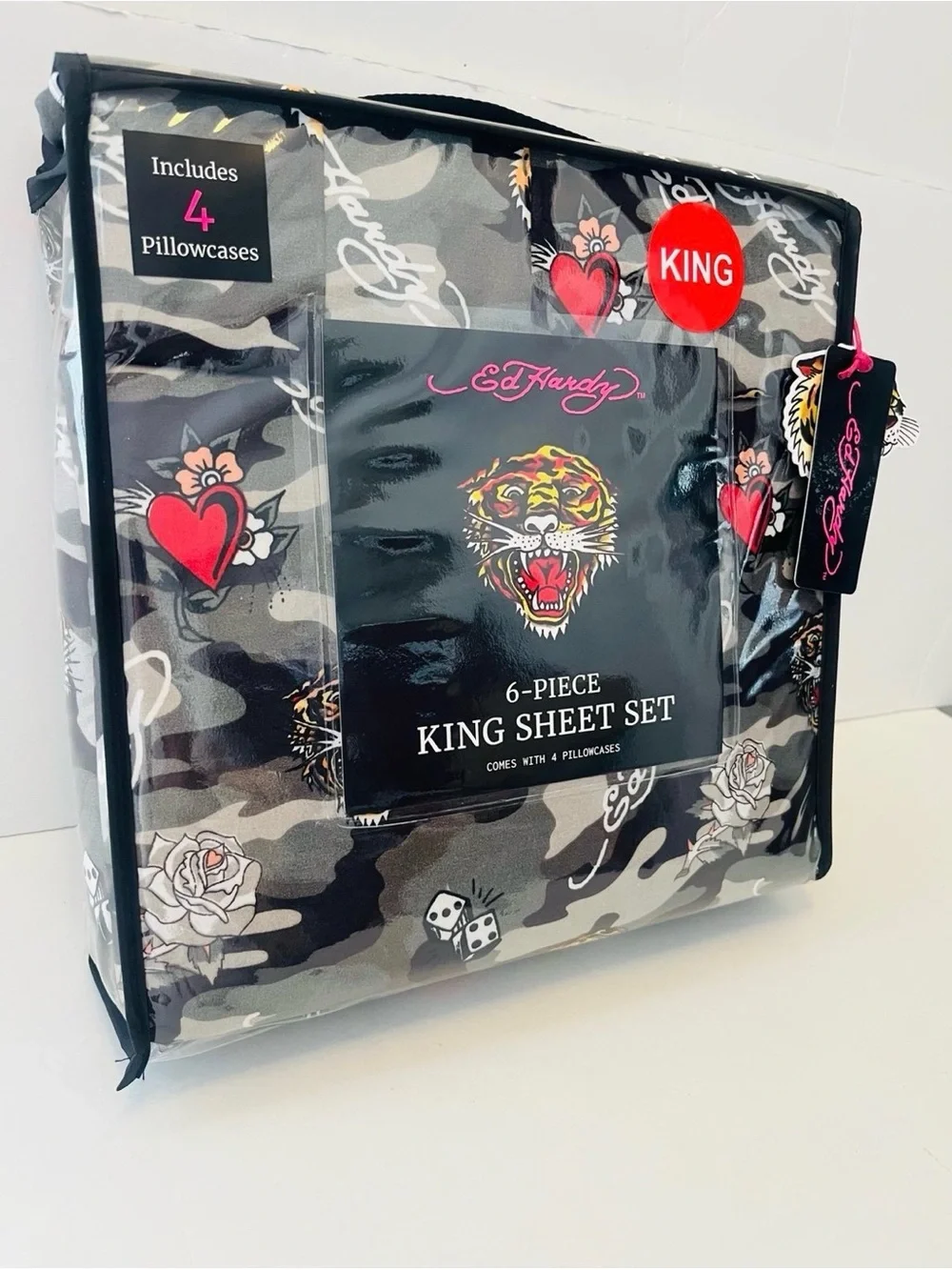 Ed Hardy Black Camo 6 Piece King Size Sheet Set Tigers Dice Hearts Roses